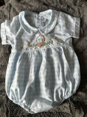 Sweet Dreams Light Blue Gingham Smocked Baby One-Piece